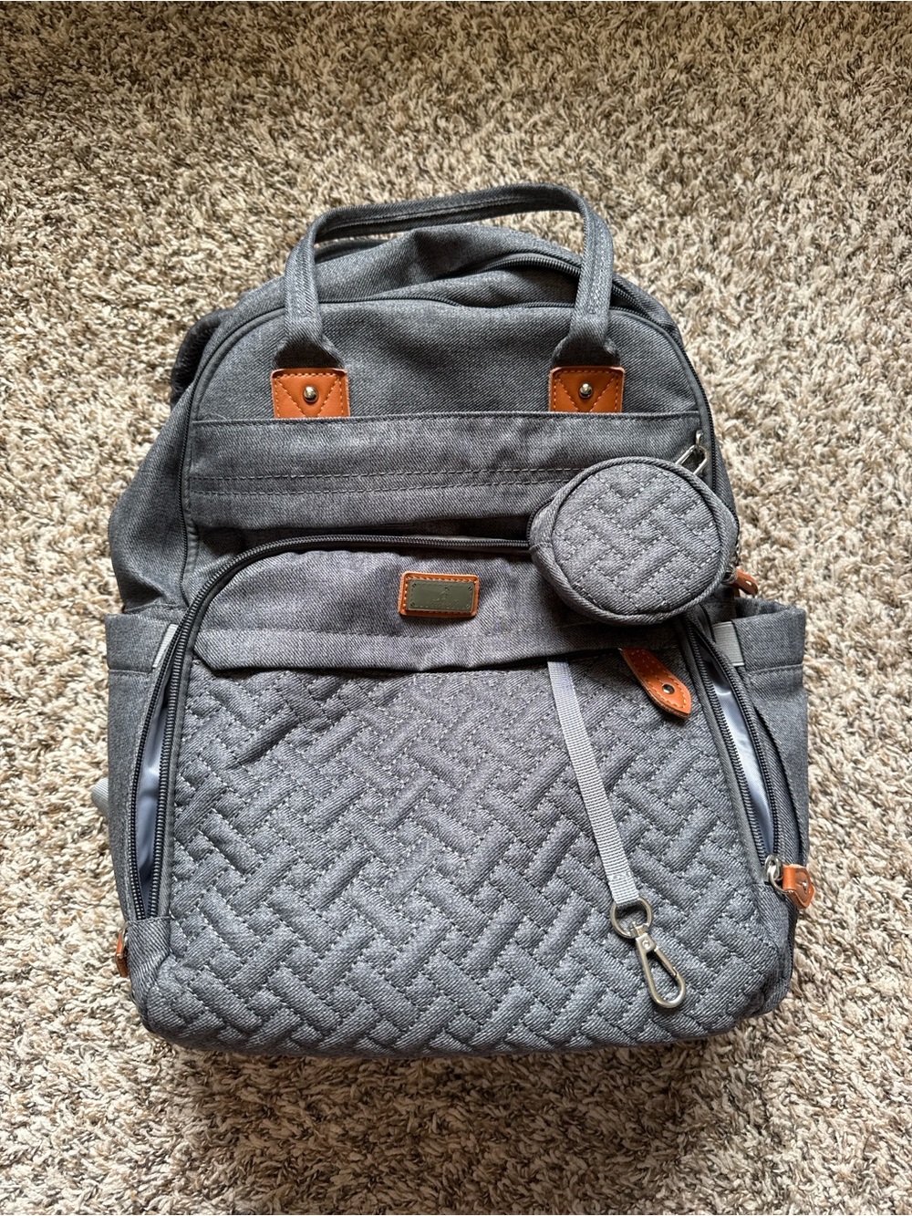 Quilted Gray Diaper / Bottle / Laptop Backpack with Pouch